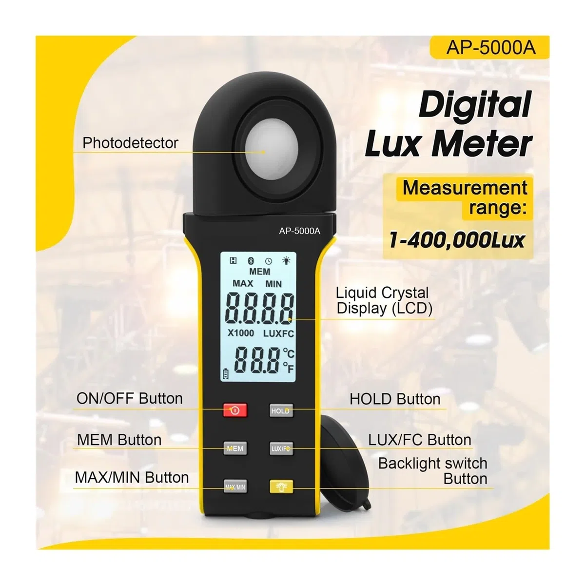 Tester di Luce Digitale Luxmetro Digitale ad Alta precisione -5000A, Ampio intervallo da 1 a 400.000 Lux, Interruttore unità Lux/FC, Registrazione Max/MIN, Display Integrato | Szary