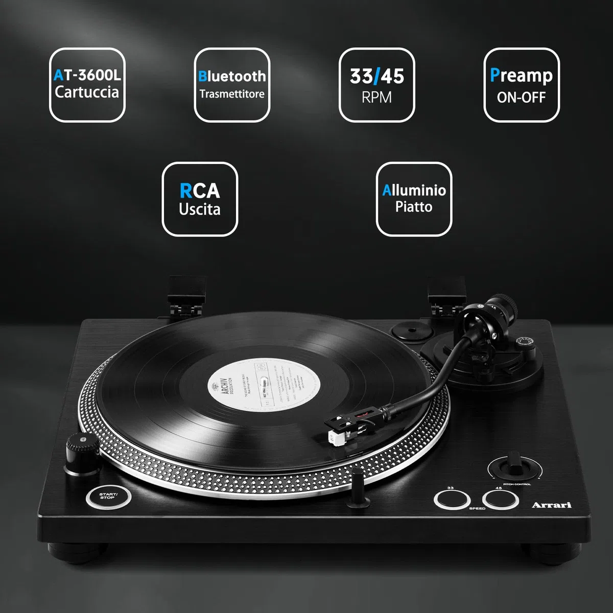 PR-101 Giradischi a Cinghia 2 Velocità 33/45 RPM, Cartuccia Magnetica Mobile AT-3600L, Connessione Wireless, Preamplificatore Phono Integrato