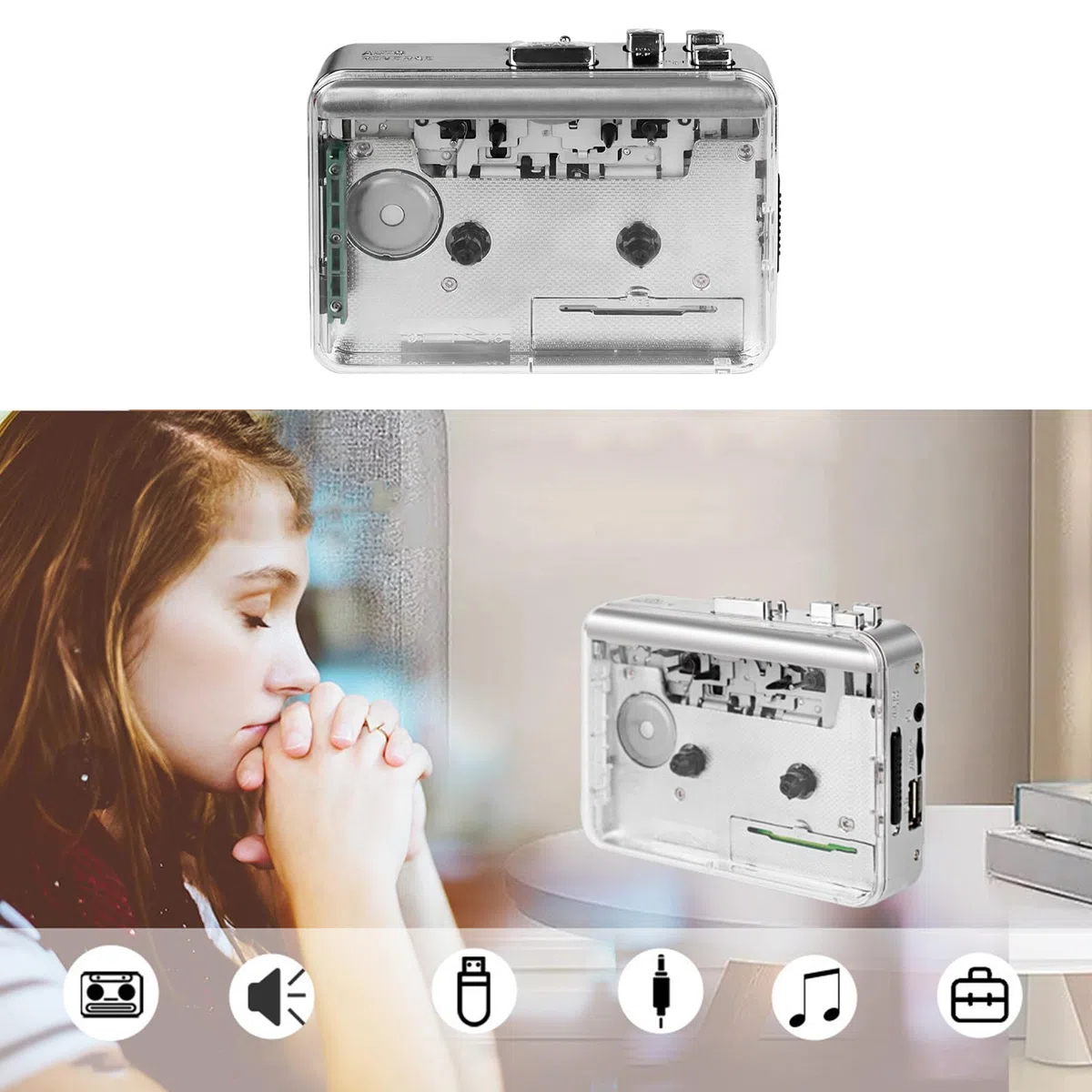 Clear Deck - Convertitore di file MP3, unità USB, dispositivo audio stereo portatile, accessorio per altoparlanti USB, copertura per cassette