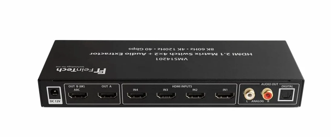 FeinTech VMS14201 HDMI 2.1 Matrix Switch 4x2 Commutatore 4K 120Hz 8K Ultra HD 4 in 2 Out Audio Extractror ARC Toslink SPDIF Downscaler per Xbox PS5 TV Monitor HDR VRR 40Gbps