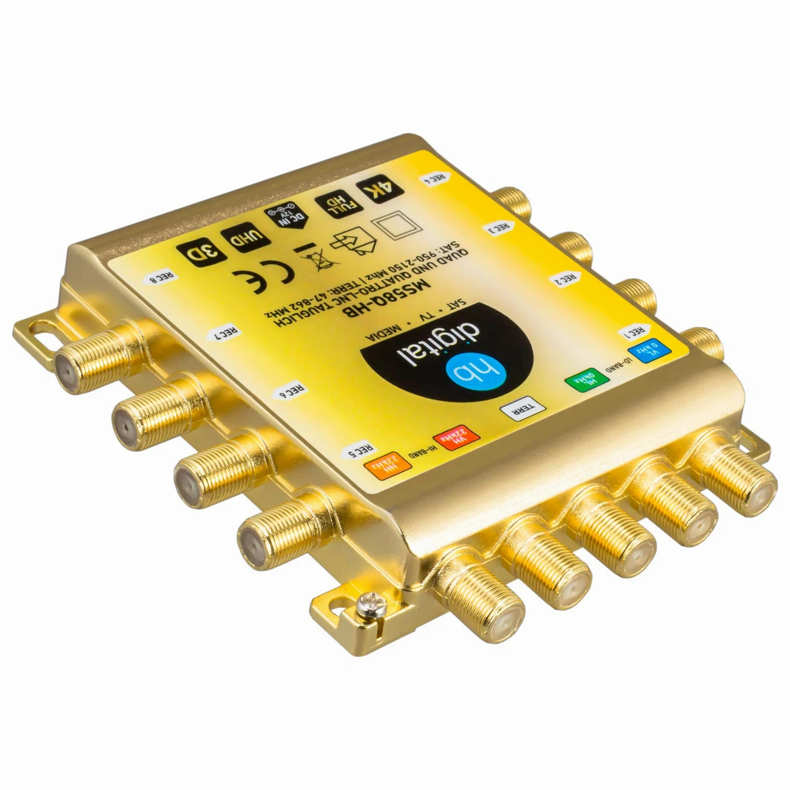 HB-DIGITAL DVB-S/S2 Multiswitch 5/8 + Quattro LNB UHD 414 W bianco + 24 connettori F dorati | Multiswitch per 1 SAT, 8 partecipanti | Quad | incl. alimentatore di rete | MS58Q-HB | FullHD 4K UHD