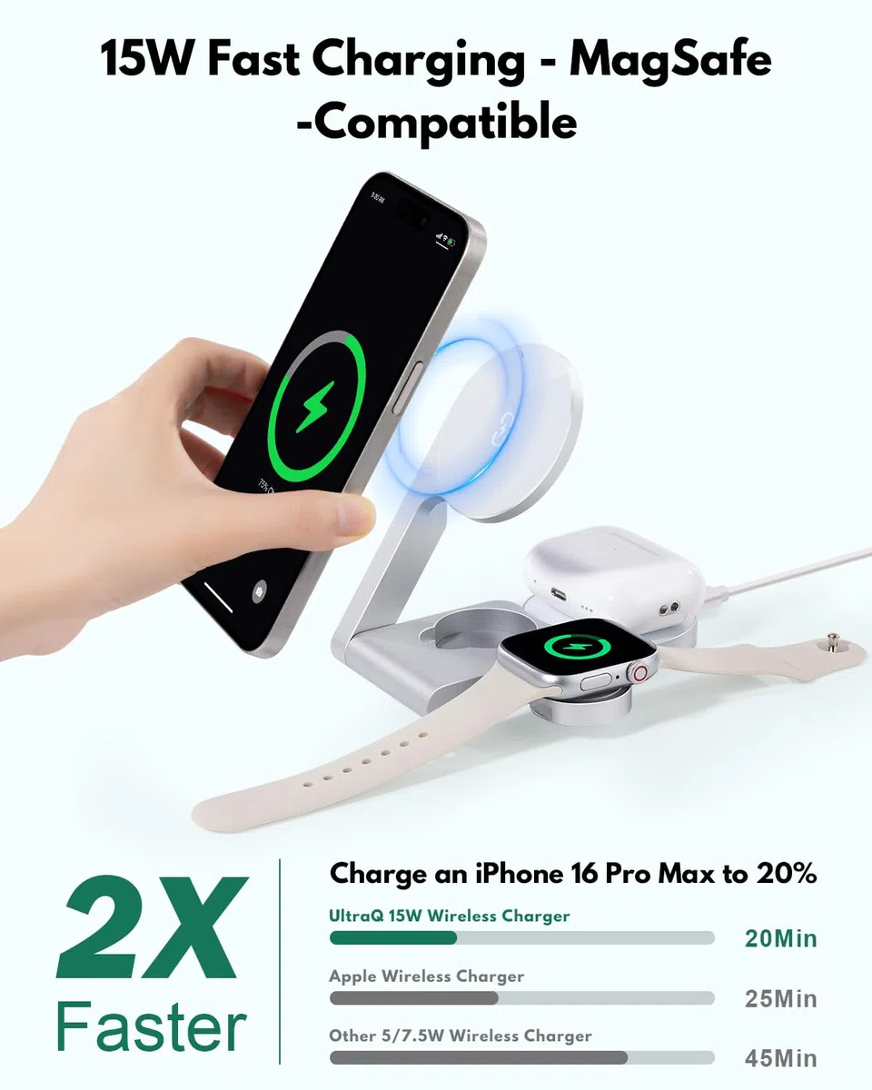 Caricabatterie wireless M16 3 in 1, in lega di alluminio, pieghevole, compatibile con MagSafe, per iPhone 16, 15, 14, 13, 12, stazione di ricarica per AirPods, supporto di ricarica wireless per iWatch