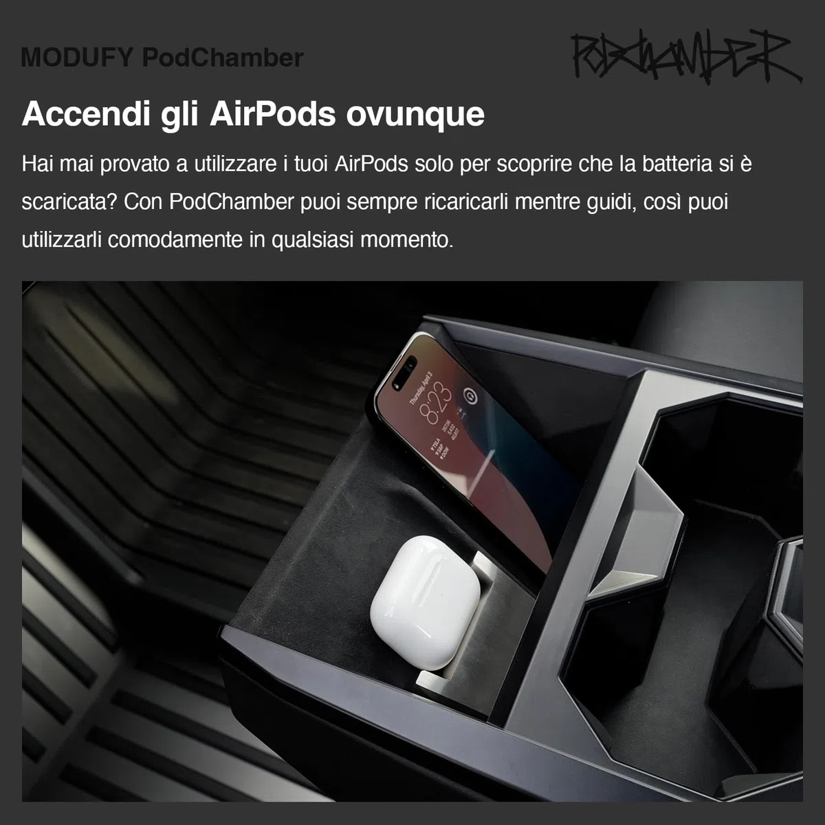 PodChamber Tesla esclusivo Supporto di ricerca per Auricolari abilitati Qi (Compatibile con Qi / Earbuds / Soundcore P40i / NOTHING Ear / Cybertruck / Stainless / Model3 / ModelY / Tesla)