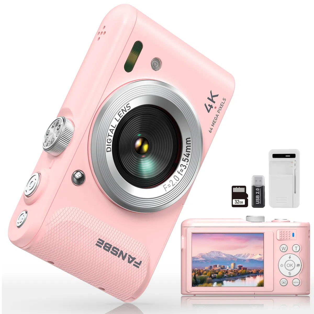 Fansbe Smart Fotocamera digitale, fotocamera 4K Vlogging con 64MP, fotocamera digitale Point e Shoot con zoom 18X, anti-shake, quadrante modalità, scheda SD da 32 GB, lettore di schede