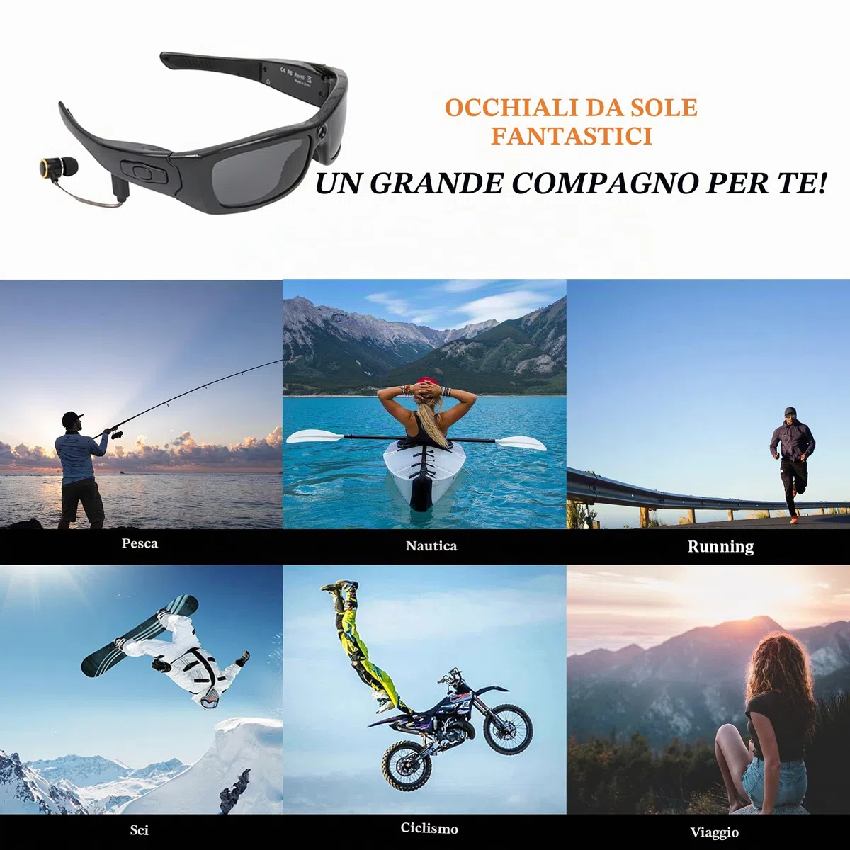 Occhiali da sole con fotocamera, occhiali da sole Bluetooth Full HD 1080p, con lenti polarizzate con protezione UV, per attività all'aperto e viaggi (inclusa scheda TF da 32 GB)