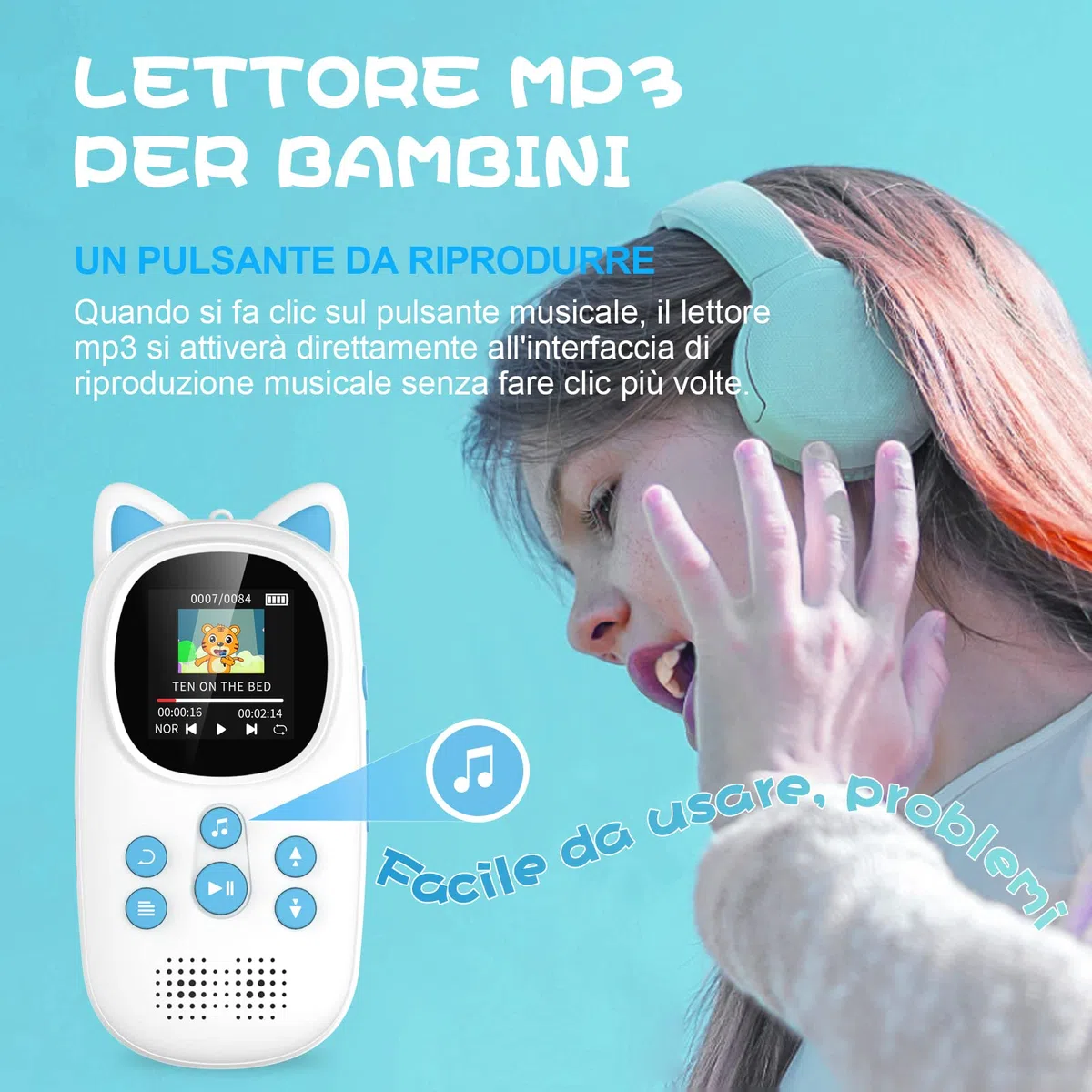 32GB Lettore MP3 Bluetooth 5.0 per Bambini, Oilsky MP3 Lettore Musicale Portatile per Lo Sport con 750mAh, Altoparlante HD Integrato, Radio FM (Blu)