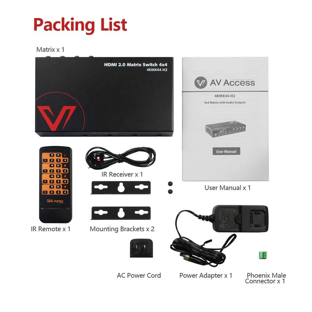 AV Access Matrice HDMI Splitter 4x4, 4K@60Hz con HDR10 e 3D, Estrazione Audio, Downscaler da 4K a 1080P, SPDIF 5.1CH, Memoria di Spegnimento, Web UI + RS232 + IR + Controllo Pulsante, HDCP 2.2