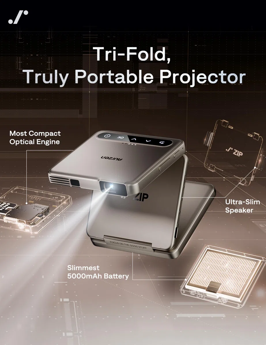 Aurzen ZIP Tri-Fold Mini Proiettore, 4K Supportato Smart Proiettore Tascabile Portatile, Messa a Fuoco Automatica & Correzione Keystone, 5000mAh, Bluetooth 5.4, per Smartphone/HDMI/USB - Oro