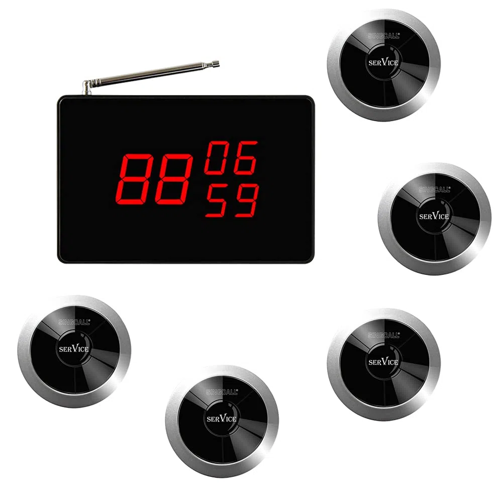 SINGCALL Sistema di chiamata wireless per ristoranti | kit completo con 1 ricevitore principale e 5 cercapersone (APE310)– ideale per servizio al tavolo, cucina e gestione ordini