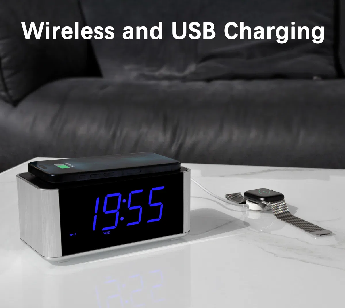 iTOMA Radiosveglia con ricarica wireless da 5 W, snooze, Bluetooth, doppia sveglia, display LED da 1,4'', dimmer, orologio con ricarica USB per comodino 206