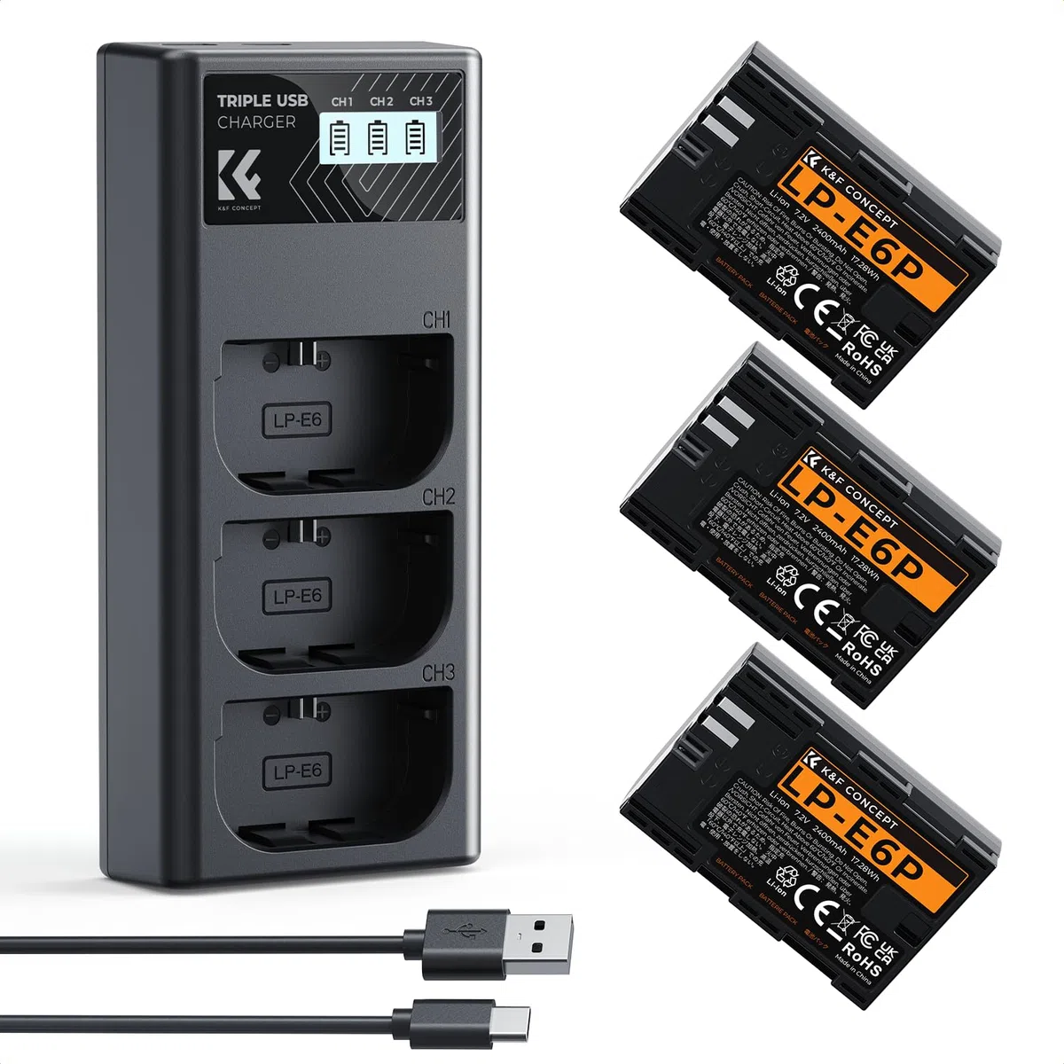 K&F CONCEPT caricabatterie triplo per batterie LP-E6P da 2400 mAh, compatibile con le fotocamere R6 Mark II/III, R5 Mark II, C50, R5, R6, R7, 5D, 6D e 7D Mark II