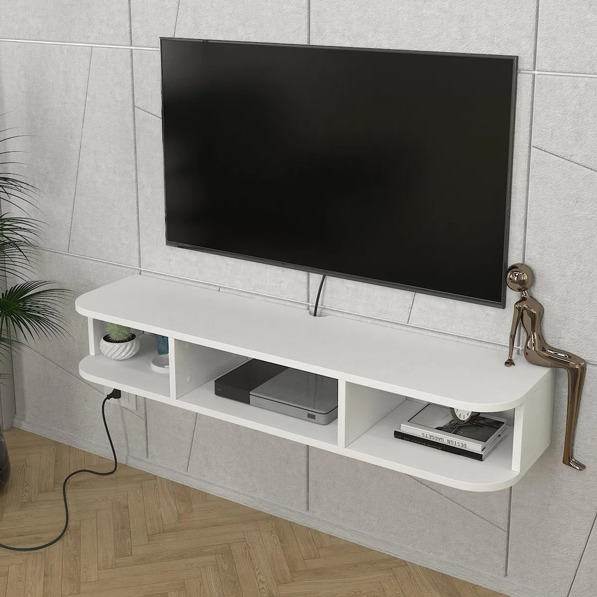 [en.casa] Mobile Porta TV Sospeso con 3 Vani Portaoggetti Scomparti Aperti Mensola da Parete Stand Multimediale con Passacavi 120 x 30 x 19 cm per Soggiorno - Bianco