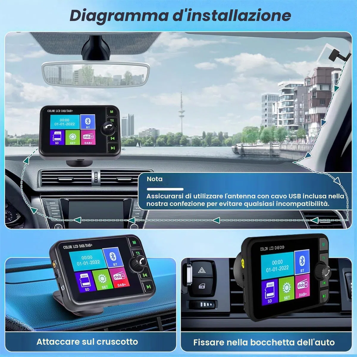 DAB Adattatore per Autoradio 2.4'' LCD Portatile DAB + Autoradio Adattatore con FM Trasmettitore Audio/Bluetooth Vivavoce/Bluetooth Musica/AUX In&Out/Supporto TF Card