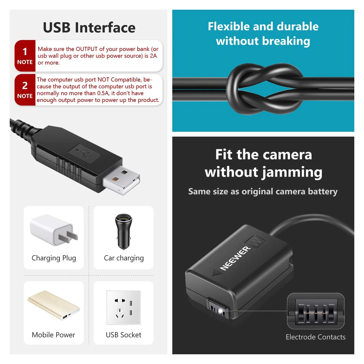 NEEWER DC Accoppiatore di ricambio per NP-FW50 Batteria Factice Adattatore di alimentazione con cavo USB compatibile con Sony A7 A7R A7S A7II A7RII A7SII A6500 A6400 A6300 A6100 A6000 NEX5 NEX7 ecc.