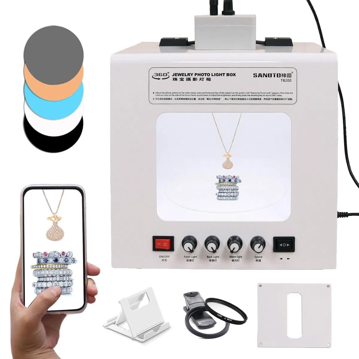 Kit di scatole luminose fotografiche per gioielli con giradischi regolabile - Configurazione di studio fotografico premium per splendide immagini di pietre preziose e gioielli