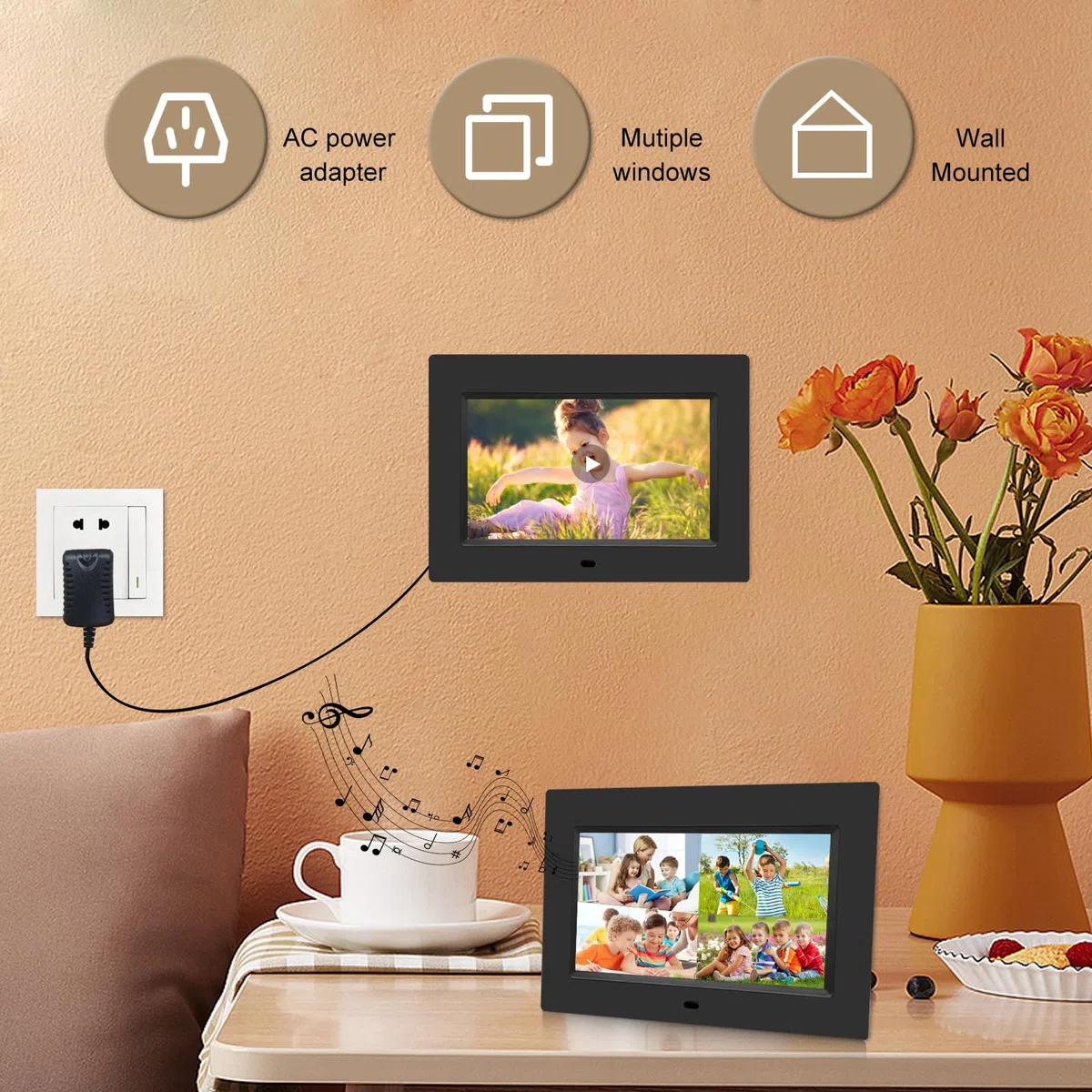 Cornice per foto digitale, 7 pollici, display IPS completo, cornice elettronica, video, riproduzione musicale, calendario, sveglia, con telecomando, slot per schede USB/SD (non WiFi)
