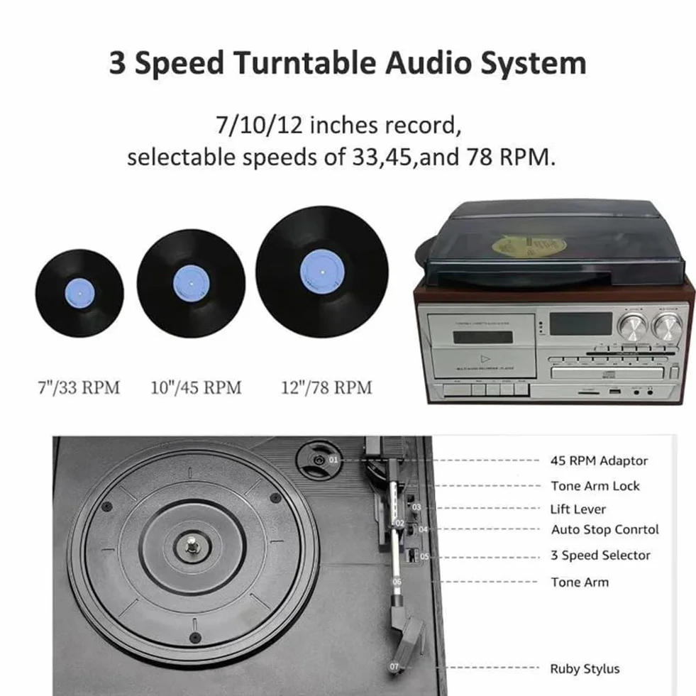 Giradischi Bluetooth 10 in 1 in vinile giradischi, lettore di cassette CD, 33/45/78 giri/min, altoparlanti integrati, pannello di controllo per l'intrattenimento domestico