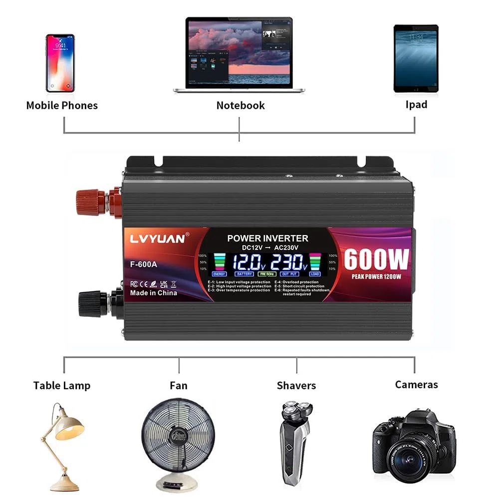 LVYUAN 600W/ 1200W Convertitore di tensione da CC 12 V a CA 220 V 1 presa CA e 2 porte USB Convertitore di corrente Inverter per auto, camper, camion