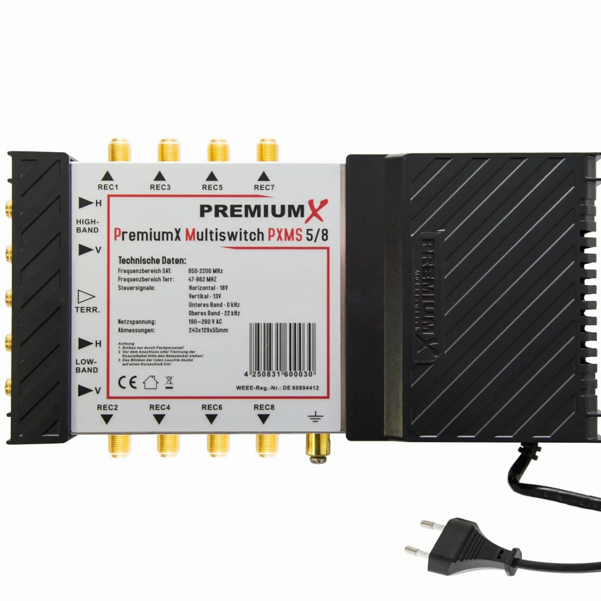Premium X PXMS Multiswitch 5/8 con alimentatore - Distributore di segnali satellitari per 8 utenti - Supporta Digital HDTV FullHD 4K UHD 8K