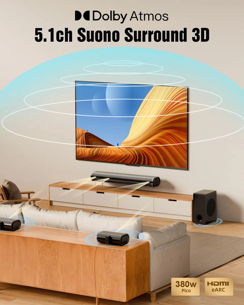 Hiwill 5.1CH Soundbar, Home Theatre Dolby Atmos Surround Casse, 2 Altoparlanti Surround Cablati, TV Sound Bar, Bluetooth PC Speaker con Subwoofer da 5.25'', 380W Potenza di Picco, eARC/OPT, 2025