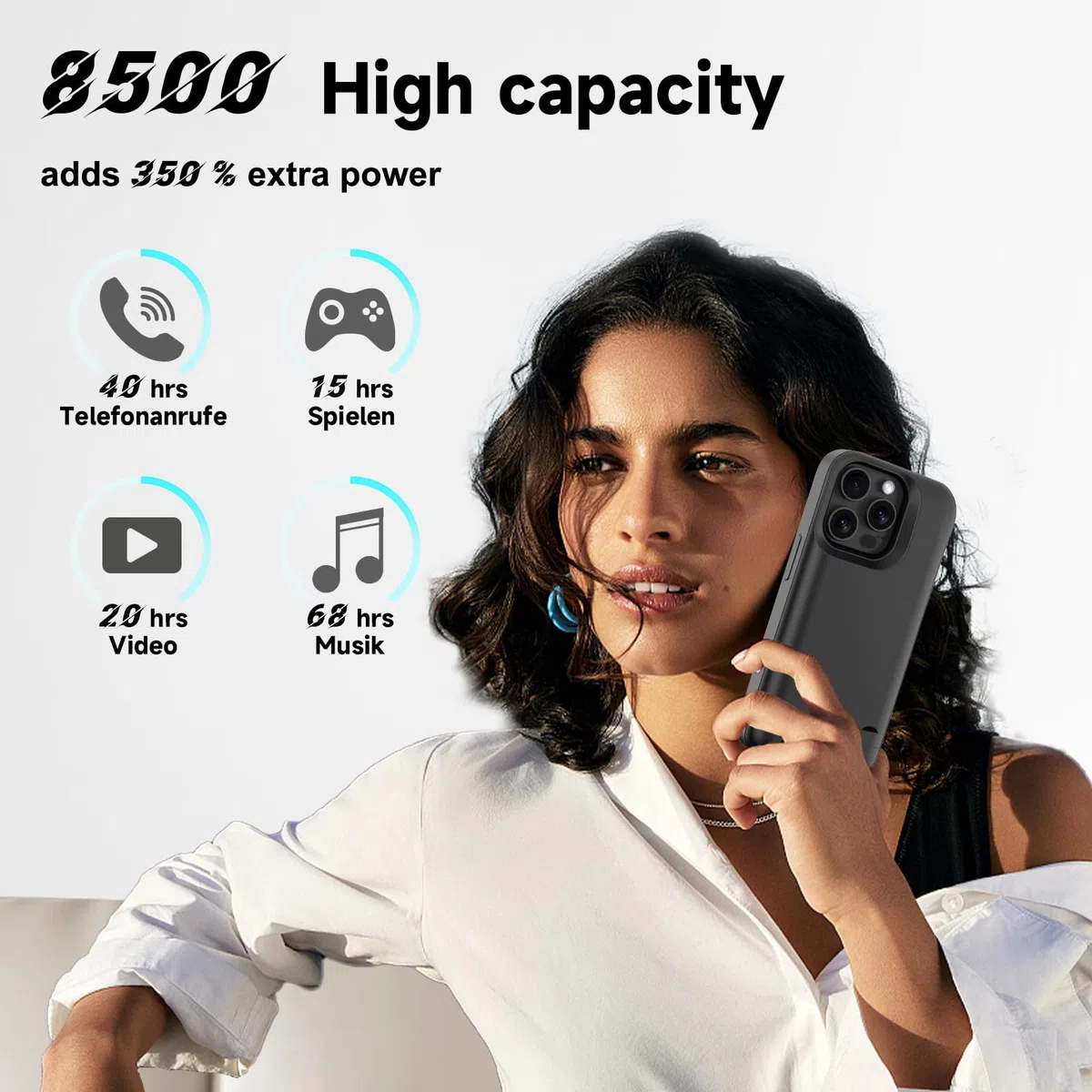 Cover Batteria per iPhone 16 Pro/iPhone 17, Vera 8500 mAh, Custodia di Ricarica Espansa Ricaricabile Sottile Custodia Protettiva Portatile con Batteria per iPhone 17(6,3 Pollici) - Nero