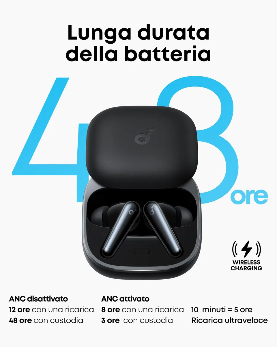 Soundcore Liberty 5 by Anker Cuffie Bluetooth Wireless con Cancellazione del Rumore, Riduzione della Voce 2X più Forte, ANC in Tempo Reale, Dolby Audio, Chiamate Chiare con 6 Mics IA, Lunga Durata