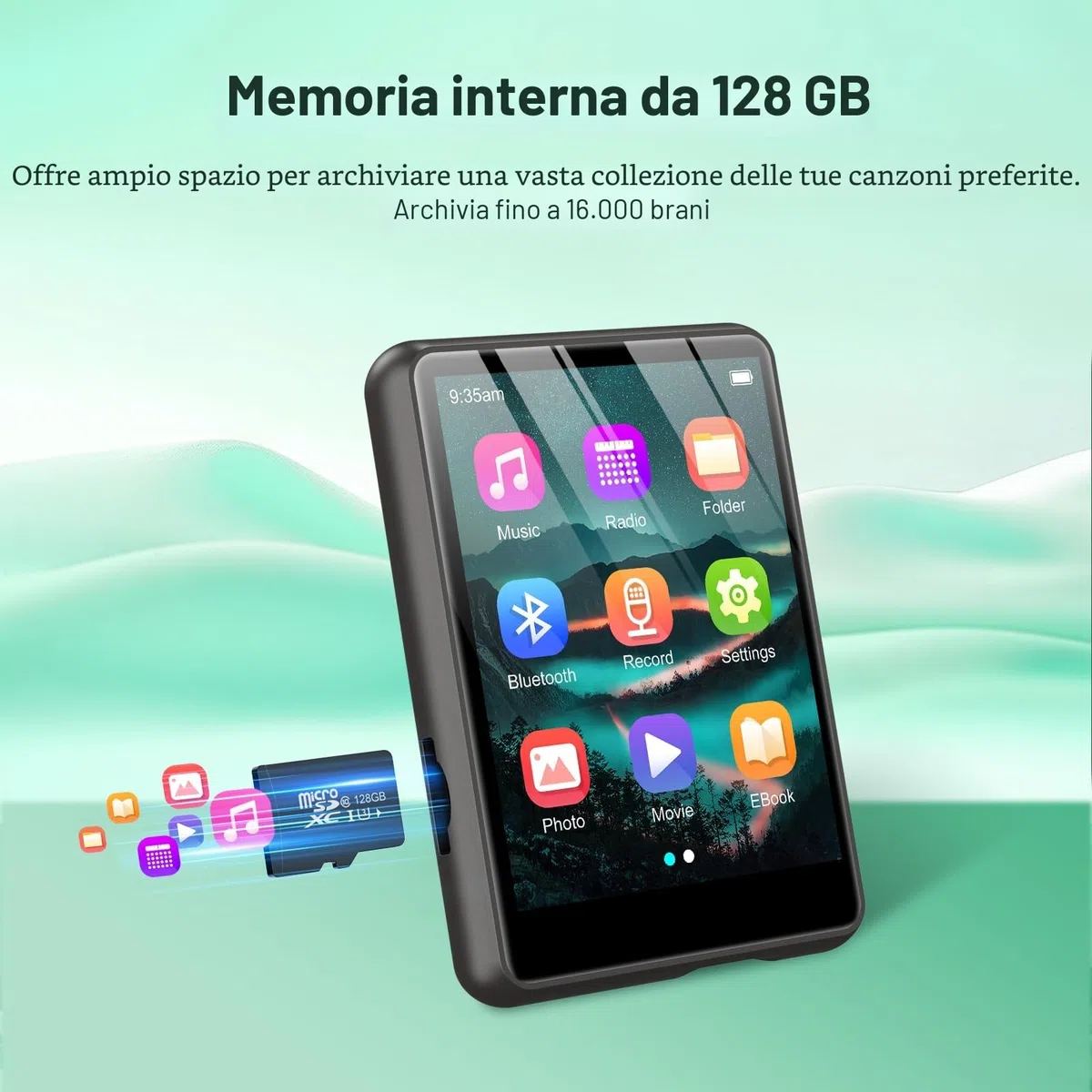 Lettore MP3 128GB Bluetooth 5.3, ZAQE 2,4” Full Touchscreen Lettore MP3 sportivo portatile, Altoparlanti integrati ad alta definizione, Radio FM, Registrazione, Line-In, Suono HiFi, fino a 512GB, Nero