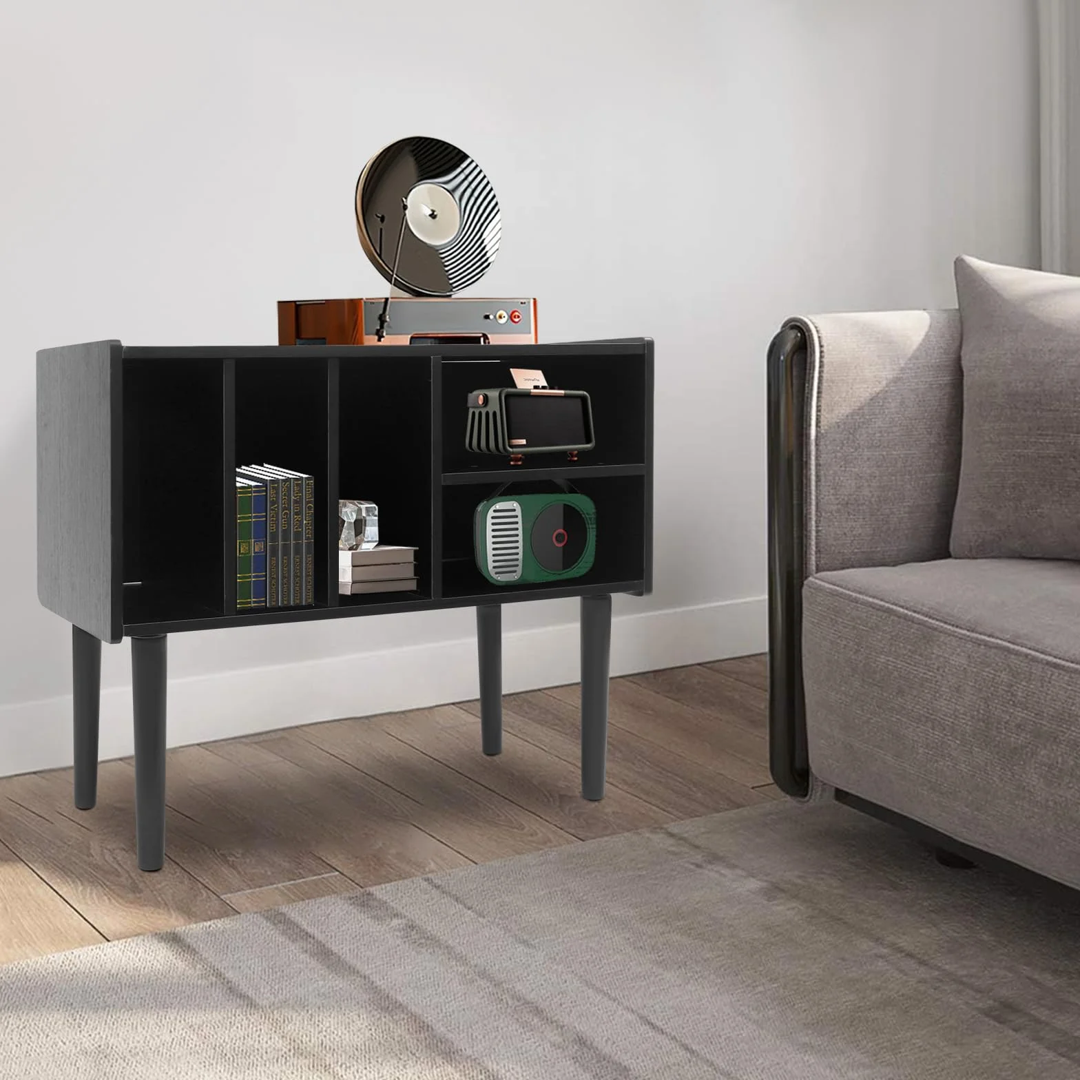 Supporto per giradischi della metà del secolo con contenitore in vinile per fino a 220+ album, Black Vinyl Holder Storage Shelf for Bedroom Living Room