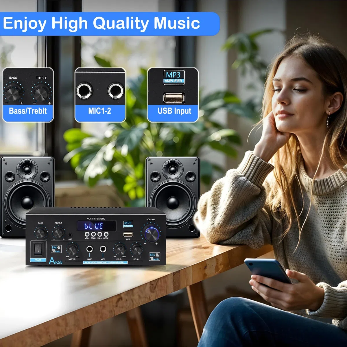 Woopker AK55 Amplificatore Audio Bluetooth 5.0, Amplificatore HiFi Stereo, 70wx2 potenza nominale 2.0 CH Mini Amplificatore Ricevitore Stereo Amp per auto Home Theater, W/2 Mic/SD/RCA/USB/FM Radio