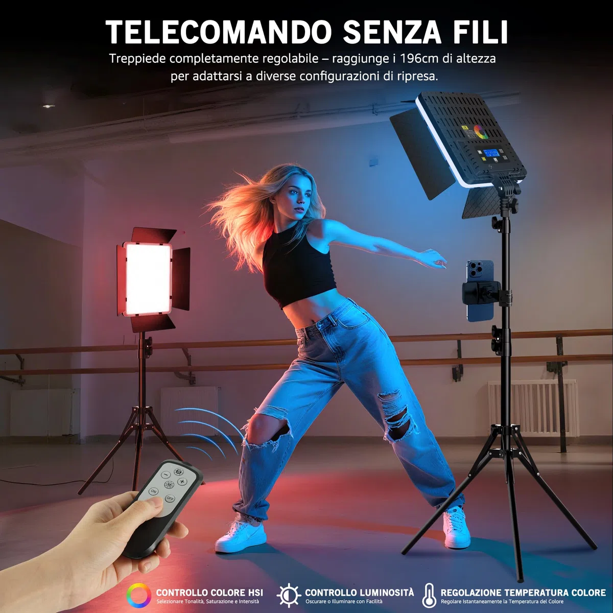 NiceVeedi Luce video RGB da 15 pollici, illuminazione da studio fotografico da 40 W con telecomando e supporto per telefono, 2700K-6500K dimmerabile LED Panel Light con 20 SCENES/RGB/CCT/HSI Modalità
