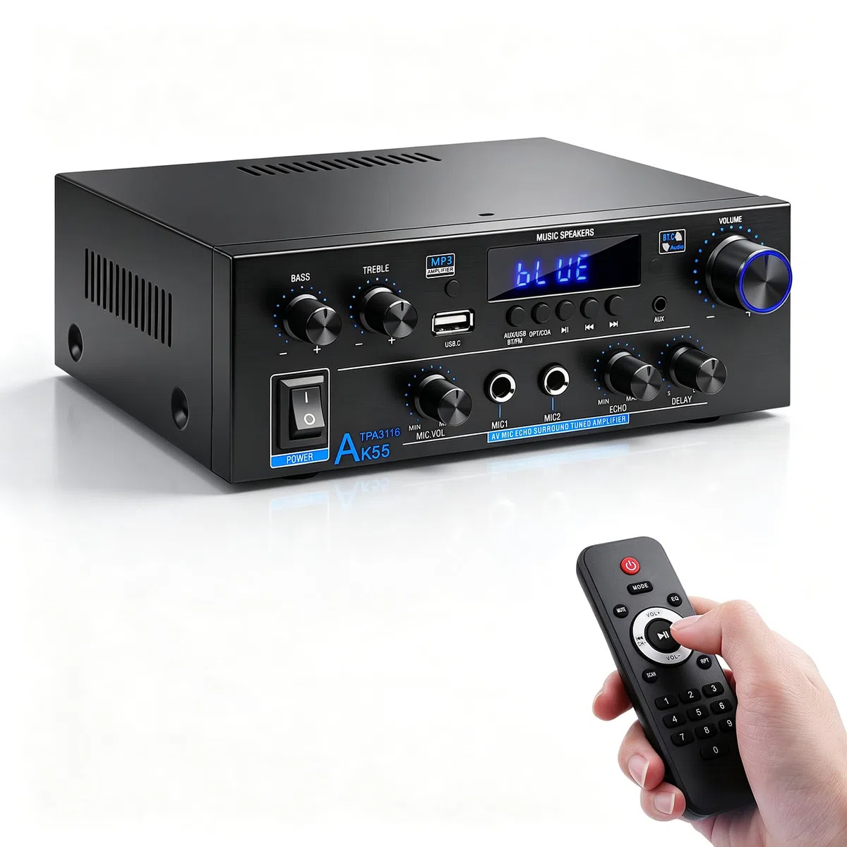 Amplificatore HiFi AK55 Bluetooth Stereo Audio Amplificatore Ricevitore 2 Canali 70WX2 Max. 600W Amplificatore audio digitale 12V/220V per casa o auto