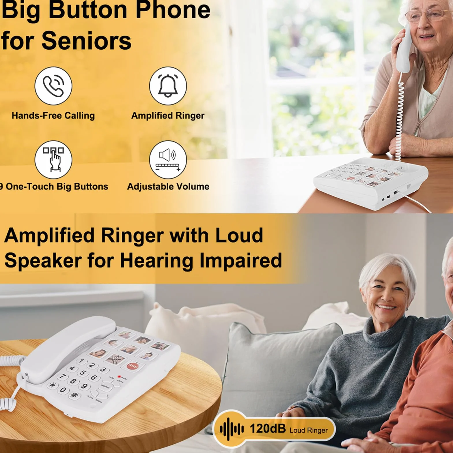 Fockety Telefono con tasti grandi per anziani, telefono fisso con filo, 9 tasti grandi, One Touch, volume regolabile, suoneria forte, avviso di chiamata LED, per anziani ipovedenti