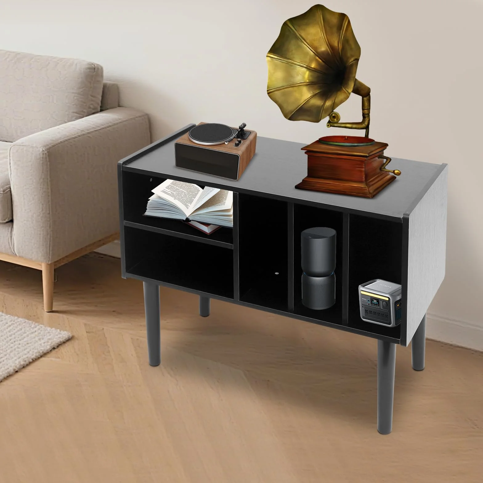 Supporto per giradischi della metà del secolo con contenitore in vinile per fino a 220+ album, Black Vinyl Holder Storage Shelf for Bedroom Living Room
