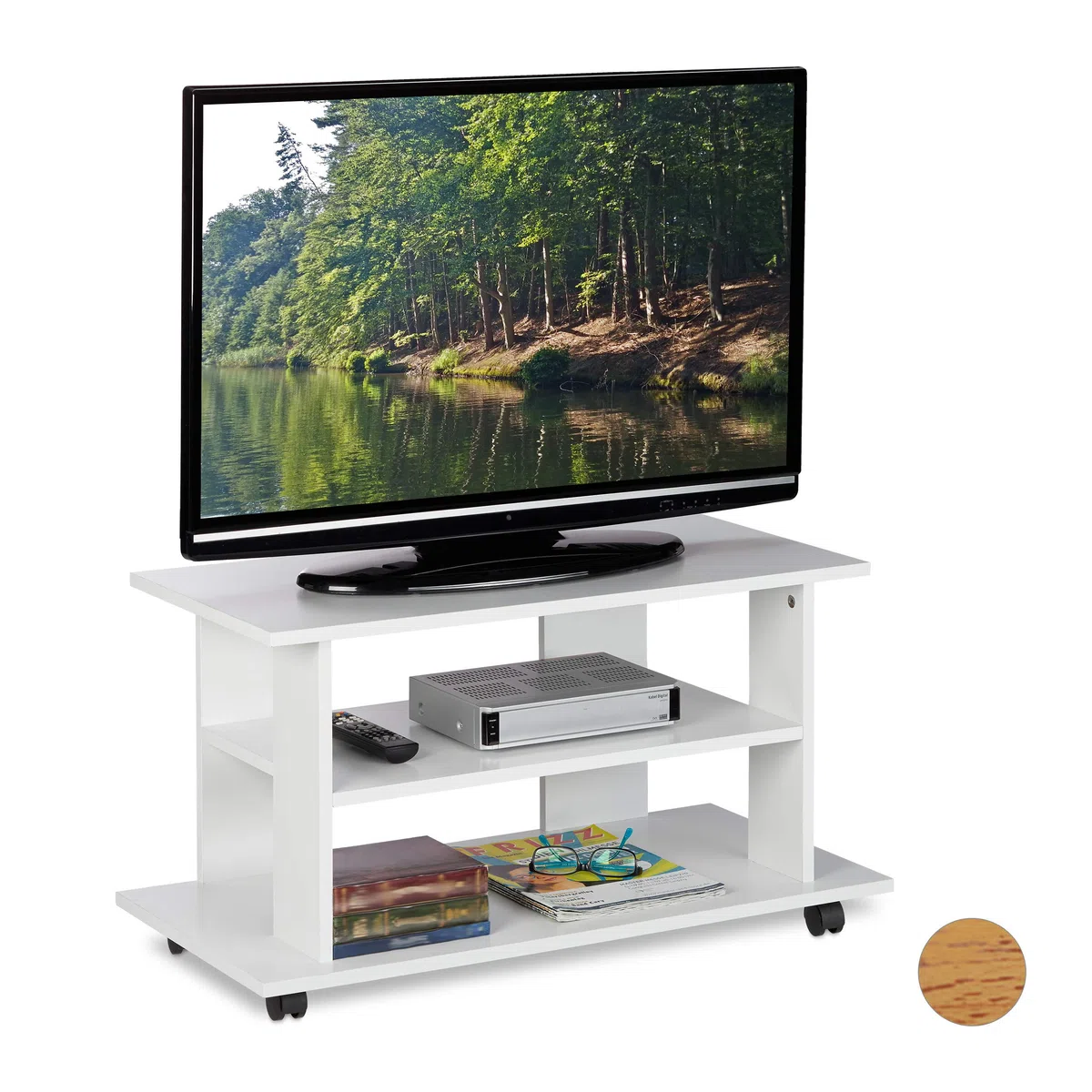 Relaxdays Mobiletto per la Televisione con Ruote, 2 Ripiani Decoder Console Porta TV Mobile HLP 45x80x40 cm, Bianco