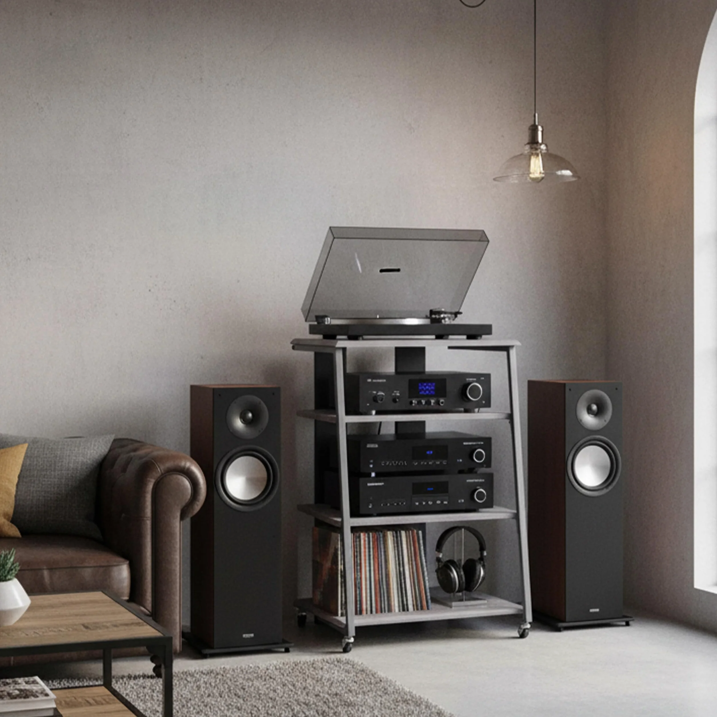 Relaxdays HiFi-Rack, 4 Ripiani per Giradischi e Stereo, Ferro/MDF, 78x61x52 cm, scaffale multimediale Grigio