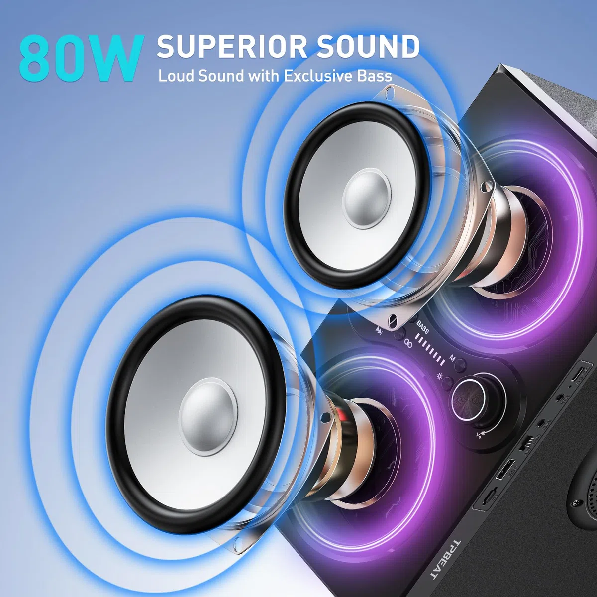 TPBEAT Cassa Bluetooth Potente Portatile, 80W Party Wireless Altoparlante Bluetooth, con Luci, Super Bass, Speaker TWS Stereo ad Alto Volume da 100dB, per Party,Campeggio