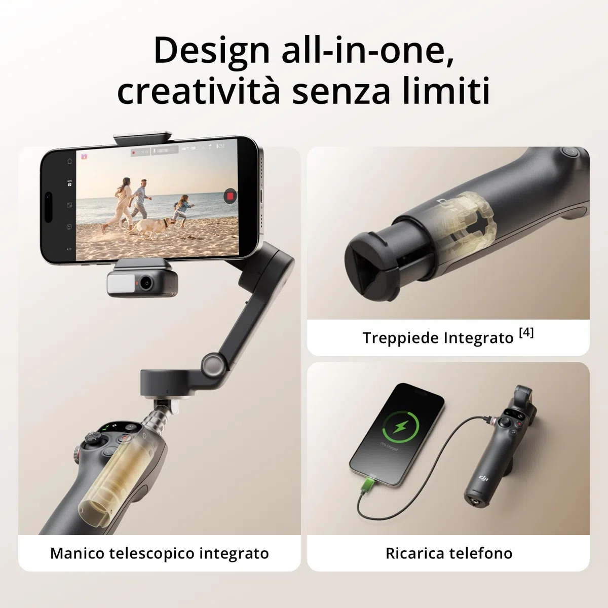 DJI Osmo Mobile 7P Stabilizzatore per iPhone, Android, Tracciamento nativo, Illuminazione, Stabilizzatore 3 assi per smartphone, Avvio rapido, Manico telescopico e treppiede integrati