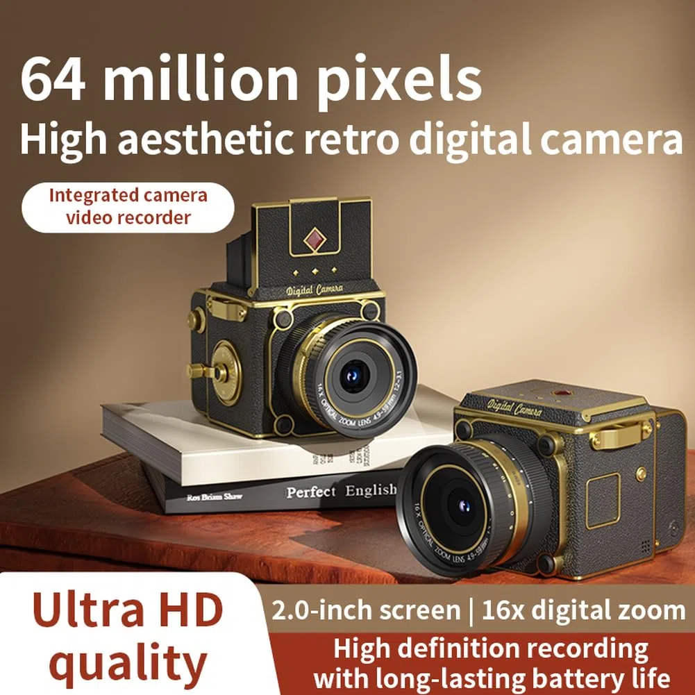 Fotocamera digitale vintage retrò 64 MP 4K FHD Videocamera, mini fotocamera per tutte le età, alloggiamento Abs, compatibile con scheda SD, per vlogging e fotografia quotidiana, compatta e leggera