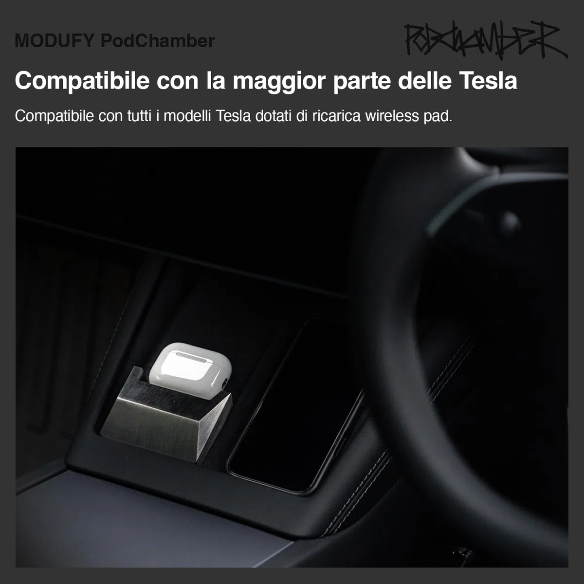 PodChamber Tesla esclusivo Supporto di ricerca per Auricolari abilitati Qi (Compatibile con Qi / Earbuds / Soundcore P40i / NOTHING Ear / Cybertruck / Stainless / Model3 / ModelY / Tesla)