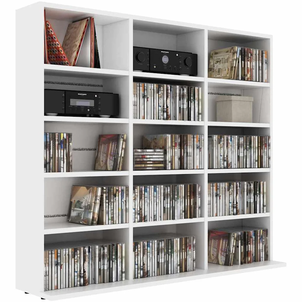 Scaffale per CD, in legno bianco, 100 x 23 x 89,5 cm, con 15 scomparti aperti, per soggiorno, camera da letto, ufficio, pratico contenitore multimediale per CD, DVD, accessori Hi-Fi