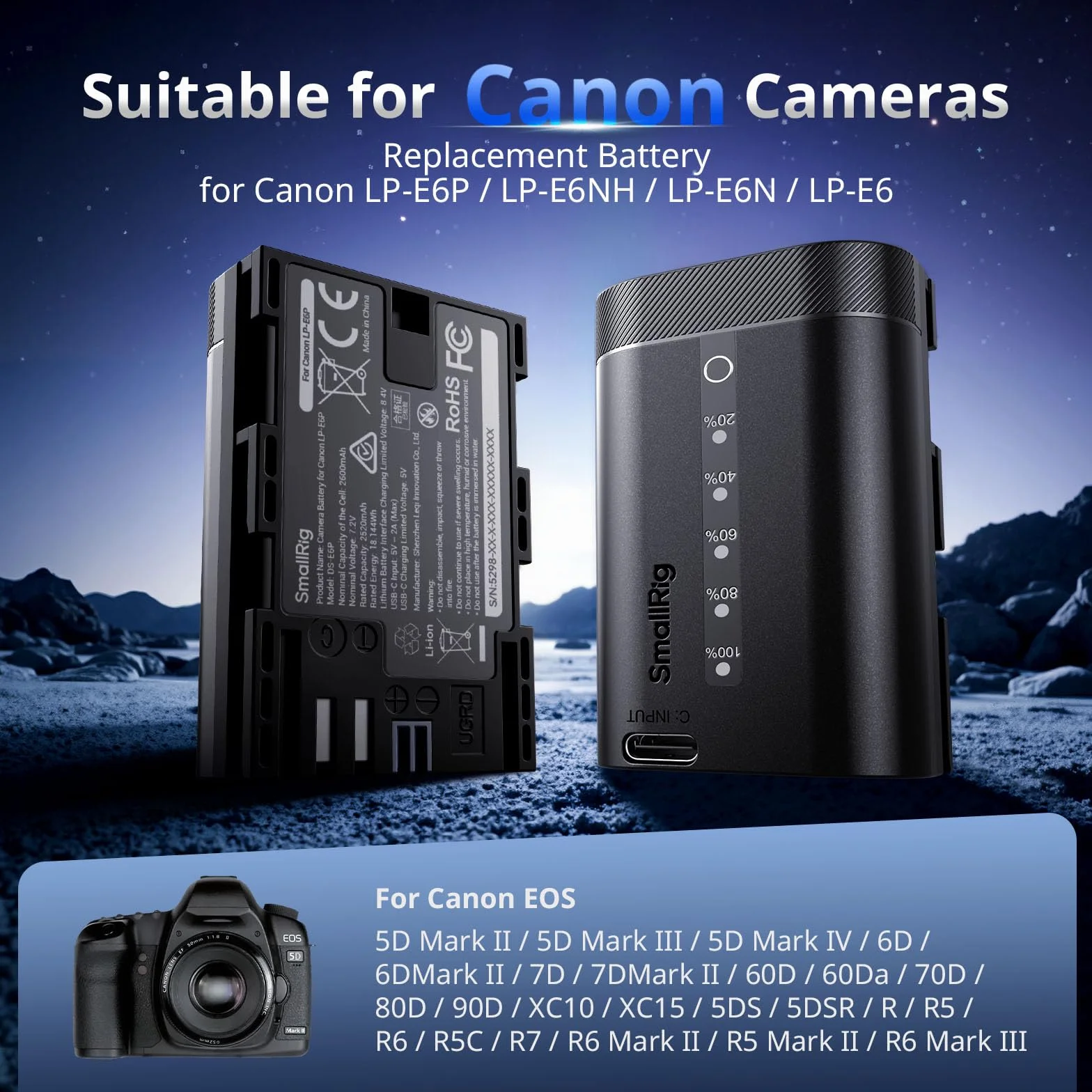 SmallRig LP-E6P - Batteria per fotocamera Canon, 2520 mAh, USB-C, con indicatore LED, ricarica rapida 2,5 ore, completamente decodificata per Canon EOS R6 Mark III/II, R5 Mark II/III, 5D Mark II/III