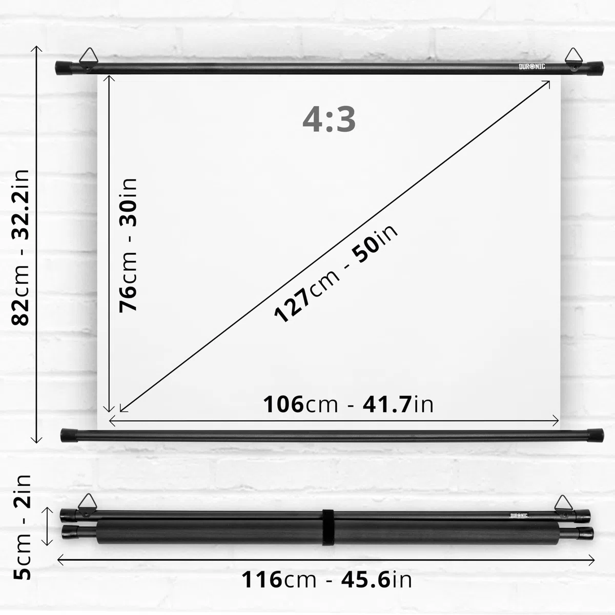 Duronic BPS50/43 - Schermo di proiezione HD semplice da montare a parete, per scuola, teatro, cinema, casa, schermo da 50 pollici, 4:3, bianco opaco (dimensioni: 102 x 76 cm)