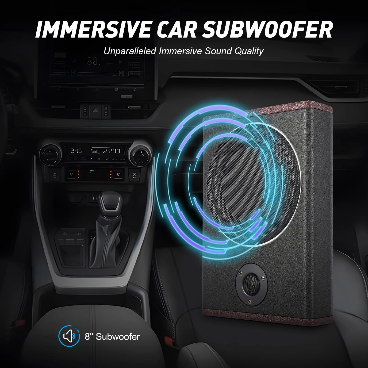Subwoofer attivo per auto da 8 pollici con Bluetooth, ultra sottile sotto il sedile, potenza massima 600 W, solo 7,5 cm di spessore, amplificatore integrato per auto e camion, nero