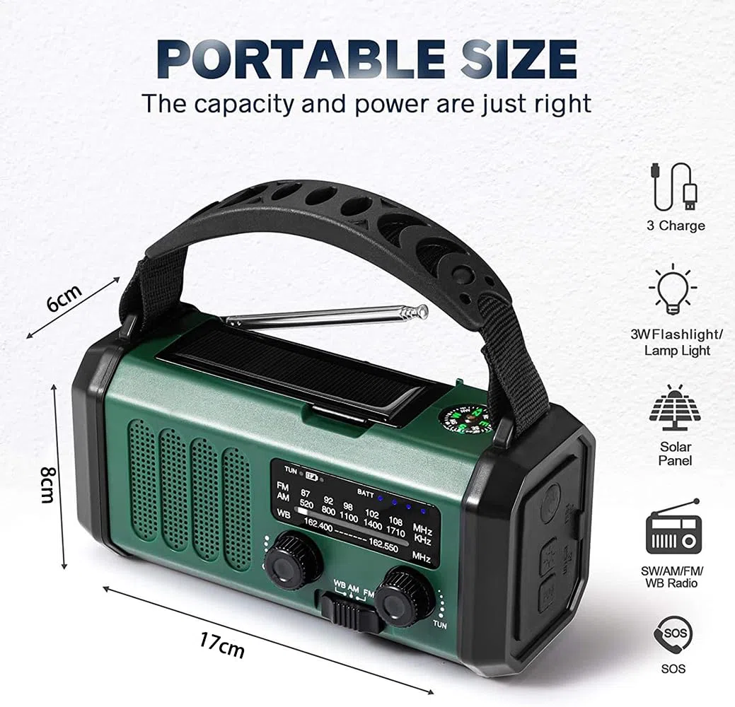 Radio AM/FM/WB Portatile Emergenza Solare,Winnes Radiolina a Manovella Dinamo con Batteria da 20000 mAh per Ricarica Telefono di Emergenza Outdoor Allarme SOS e Torci,LED Lampada da lettur - (Verde)