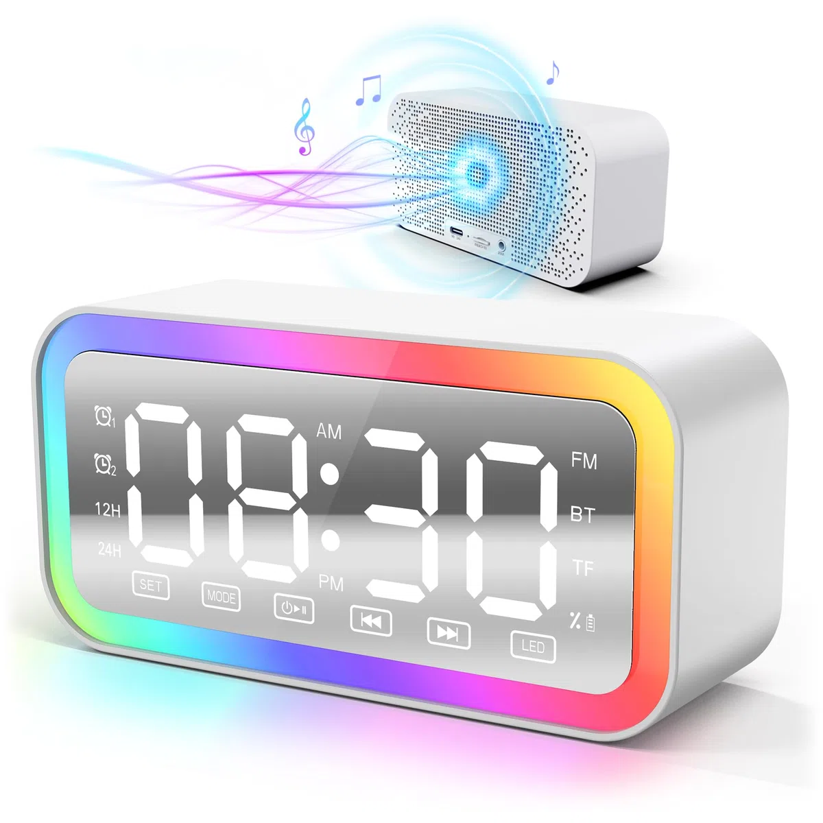 Sveglia digitale da comodino, cassa bluetooth potente, LED, radiosveglia FM, doppio allarme, per bambini adolescenti e adulti (Bianco)