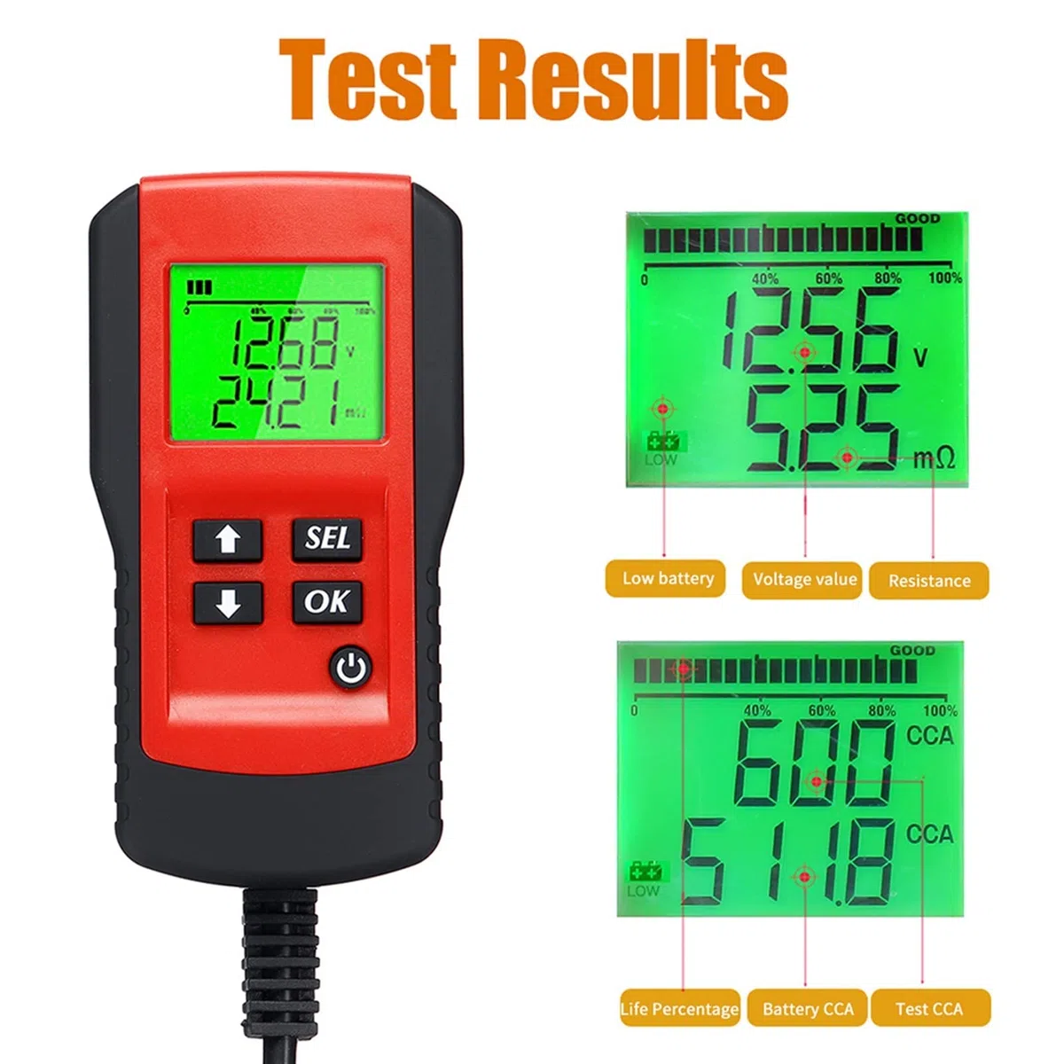 Tester per batteria auto Digital 12V Car Battery Tester Tester Test e analizzatore della percentuale di durata della batteria, tensione, resistenza e batteria del ciclo profondo del ciclo Prova in mod