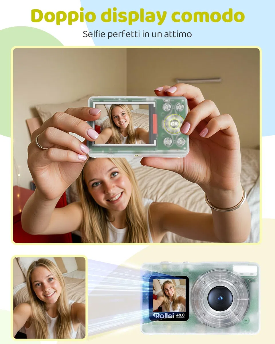 Macchina Fotografica Rollei Compactline Pocket Trasparente Fotocamera Digitale 48MP 4K con Doppio Schermo Zoom Digitale 18X Camera Compatta, Macchina-Fotografica-Digital-Fotocamera-Camera