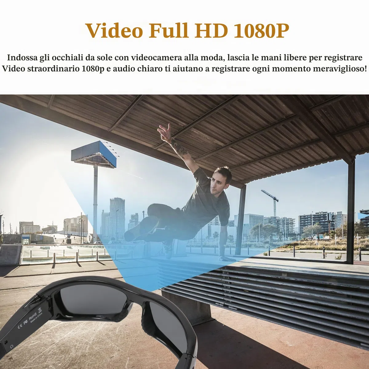 Occhiali da sole con fotocamera, occhiali da sole Bluetooth Full HD 1080p, con lenti polarizzate con protezione UV, per attività all'aperto e viaggi (inclusa scheda TF da 32 GB)