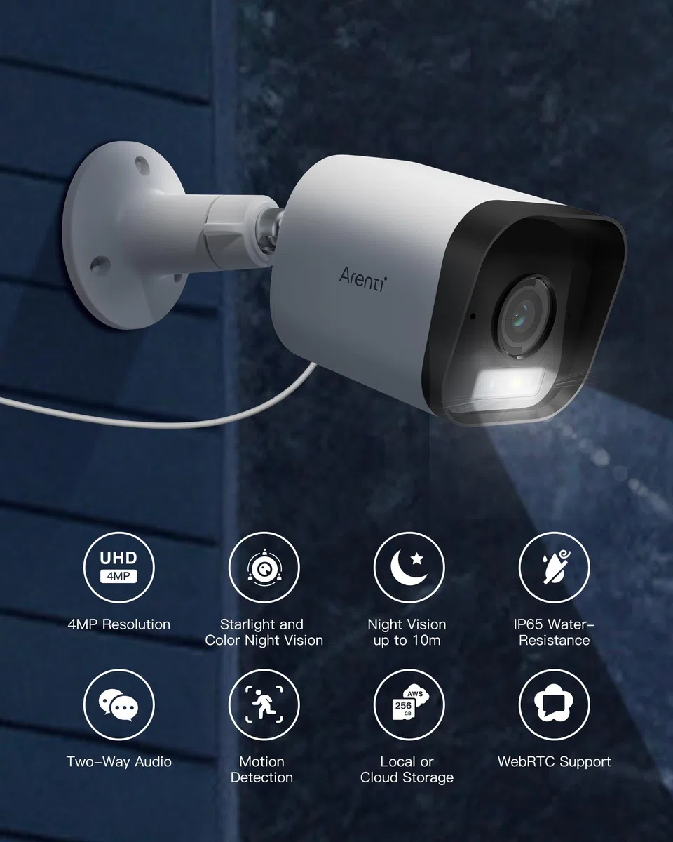 ARENTI Set da 2 Telecamere Esterno 2,5K/4MP, Telecamera Sorveglianza Esterno 2,4GHz, Impermeabile IP65, Visione Notturna, Audio Bidirezionale, Rilevamento Intelligente, Registrazione 24/7