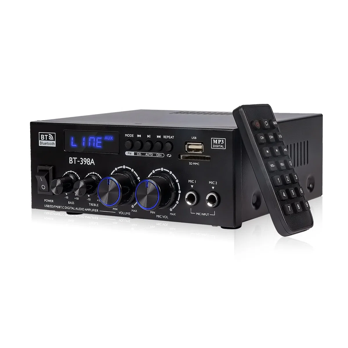 Amplificatore HI-FI Audio 1000W Picco, Bluetooth 5.3, 2 Canali (60W+60W RMS), per Altoparlanti da 10", Controlli Bassi/Alt, AUX/FM/MIC/USB – Per Home Theater e Auto (398A)